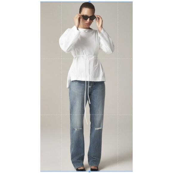 J.Crew Ciel Top Womens M White Poplin Boatneck Side Button Waist Tie CI507 LS - Picture 1 of 7